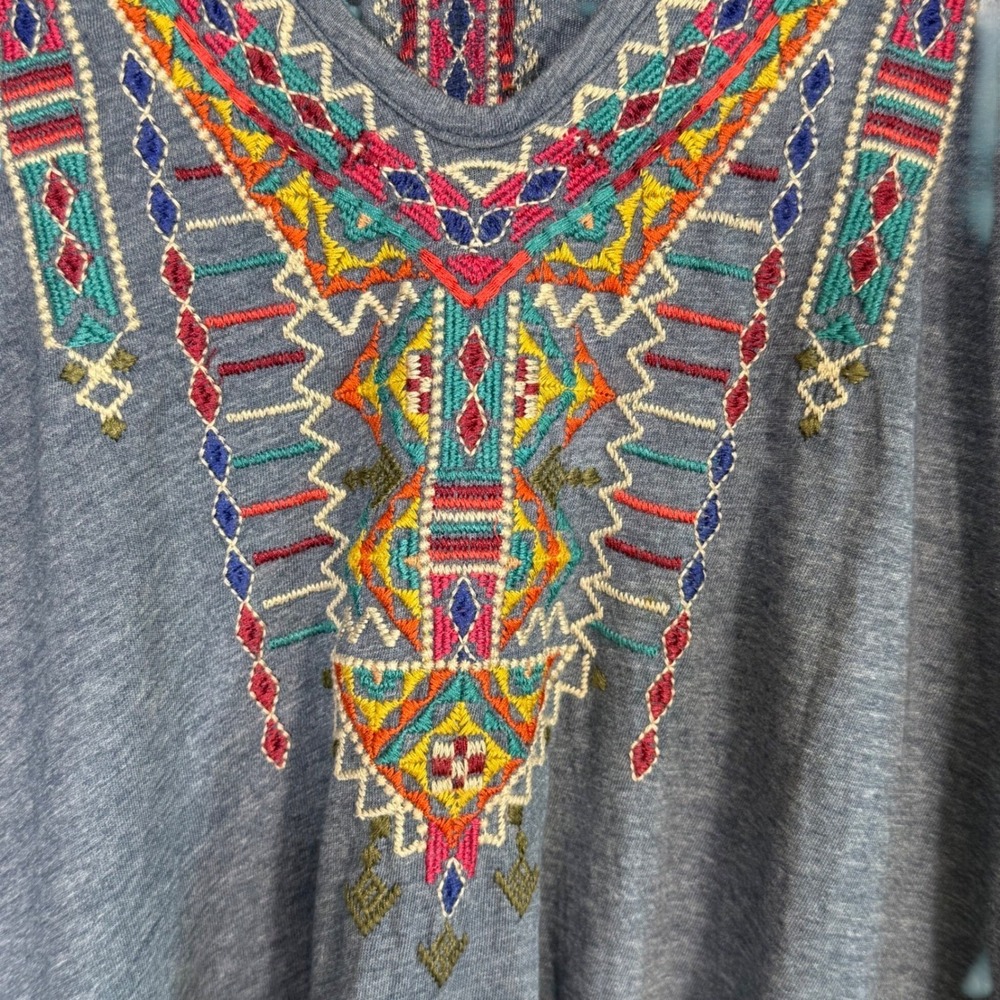 Johnny Was Embroidered V-Neck Cap Sleeve Boho Top Heathered Blue light Cotton S - Picture 5 of 10
